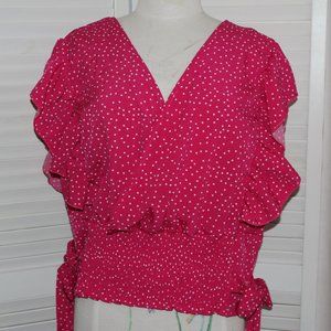 SHEIN Curve  VCAY  Ruffle Trim Shirred Knotted  Polk-a-Dot Crop Top Pink sz 3X